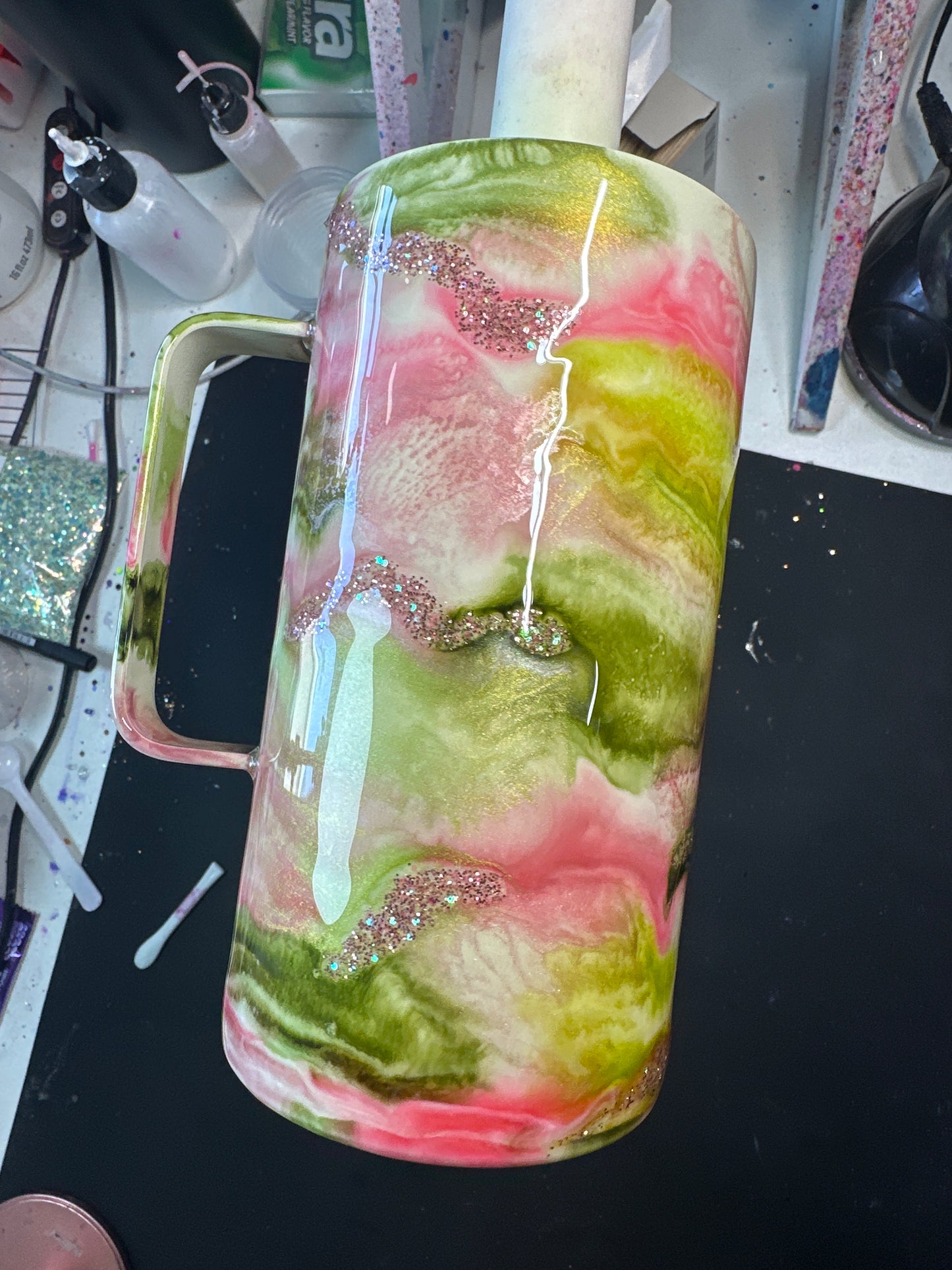 25 oz - green pink mug