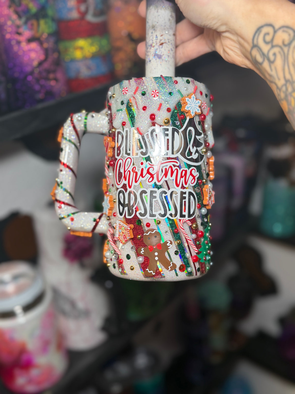 PRE ORDER ! 25 oz mug Christmas obsessed with 3 d embellishments.