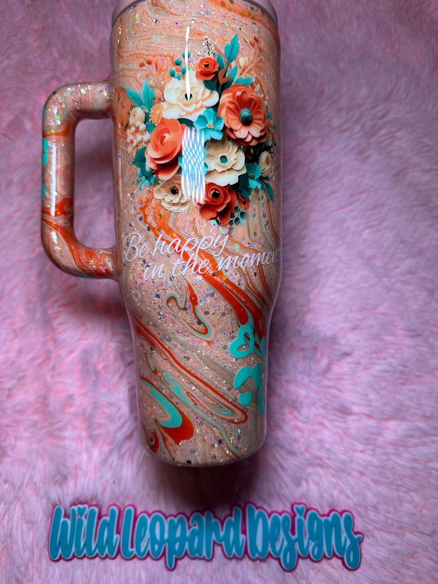 32- 40 oz teal and coral  hydro dip flowers flip lid ( be happy in the moment) glows