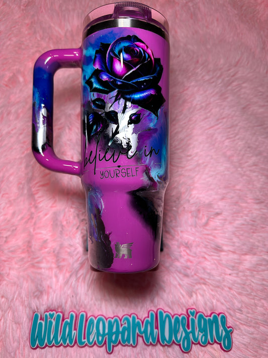 37- 30 oz Stanley flip lid blue purple rose(believe in yourself )