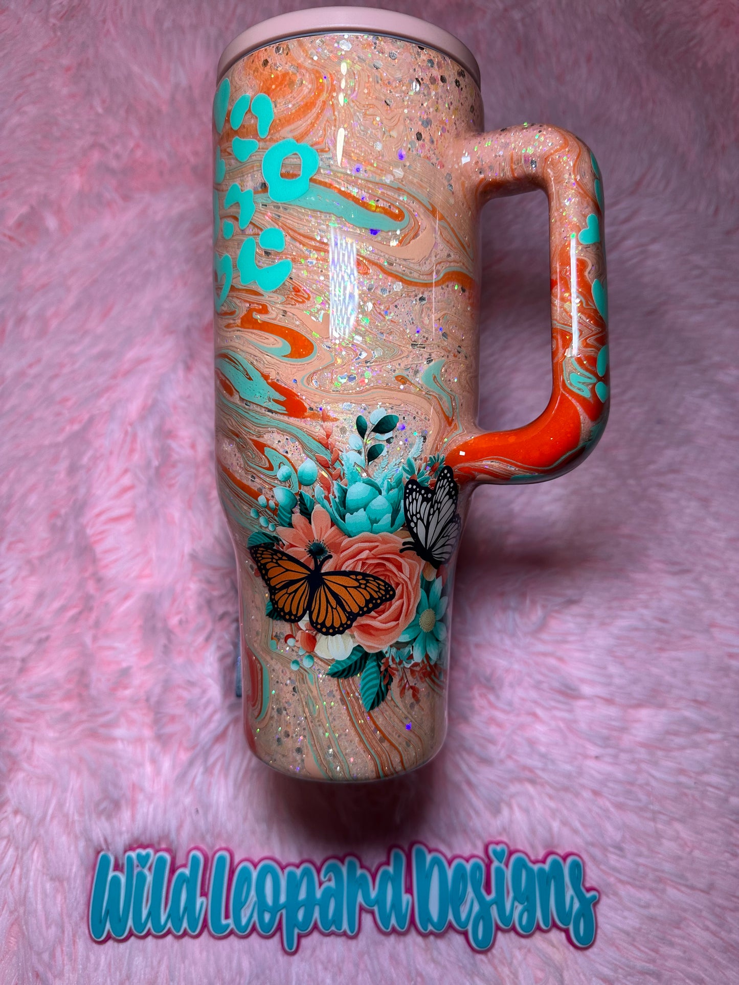 32- 40 oz teal and coral  hydro dip flowers flip lid ( be happy in the moment) glows