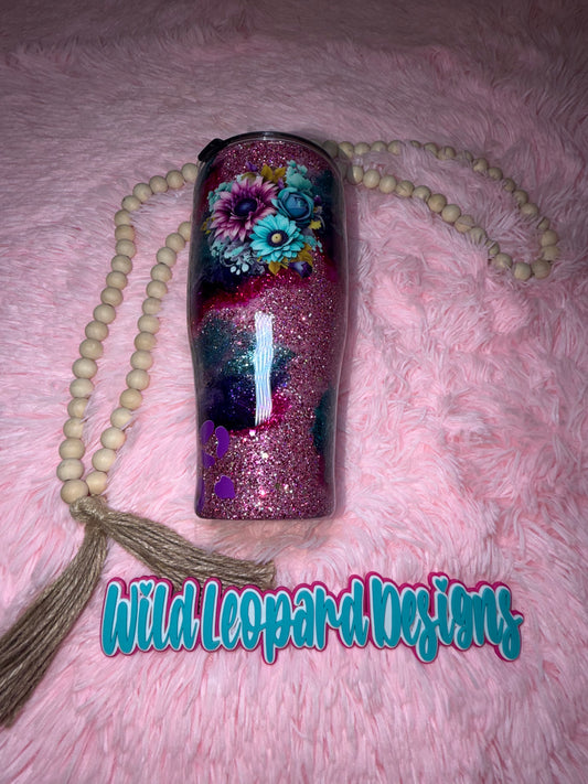 22-32 oz coffee caddy teal purple flowers