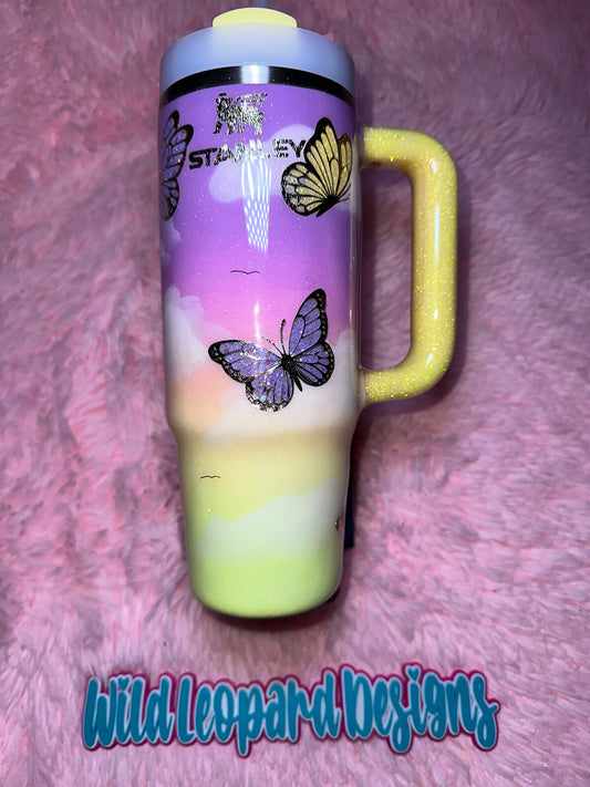 29- 30 oz Stanley , butterfly peekaboo with hand painted sky
