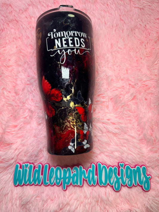 24-30 oz coffee caddy: black marble w red butterflies