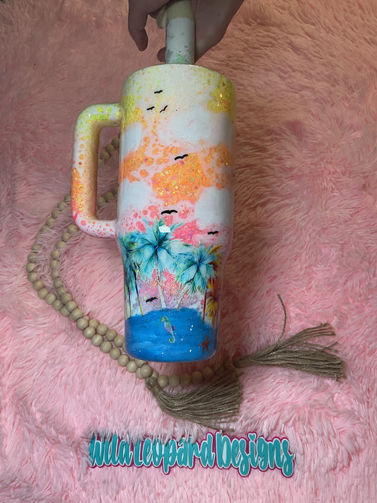 74- 40 oz colorful palm tree , painted sky glow glitter