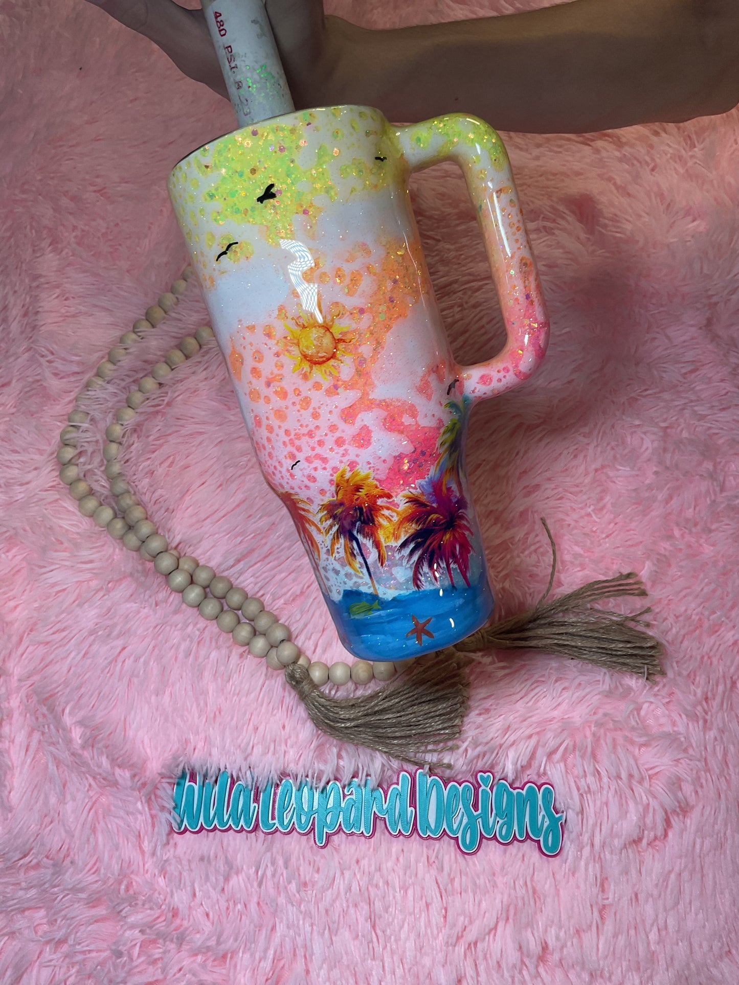 74- 40 oz colorful palm tree , painted sky glow glitter