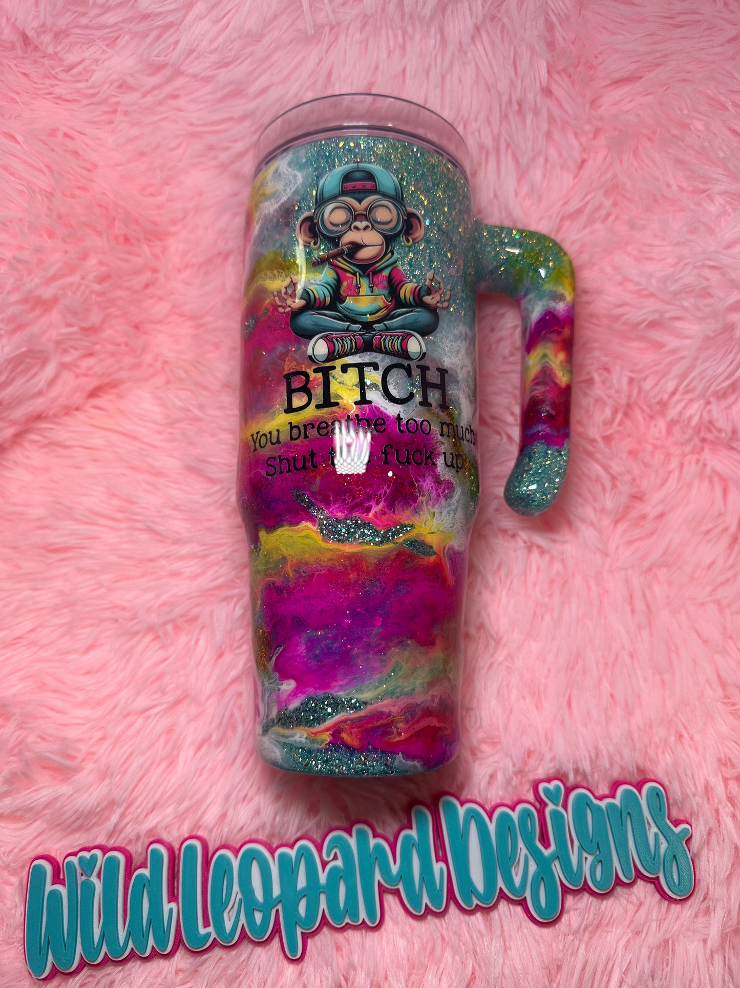 30 oz grippy - money with pink and yellow ink & teal bubble glitter