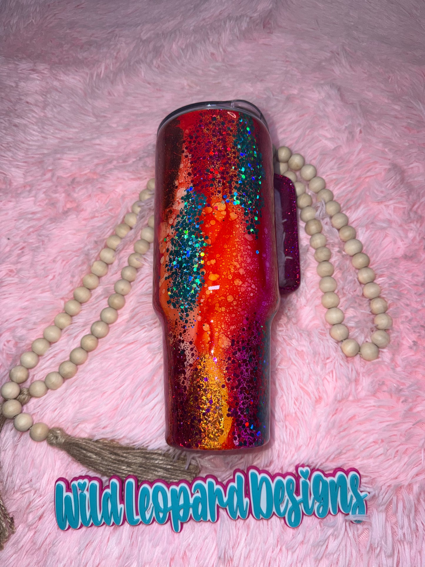 69- 40 oz pink orange teal rustic raindrop