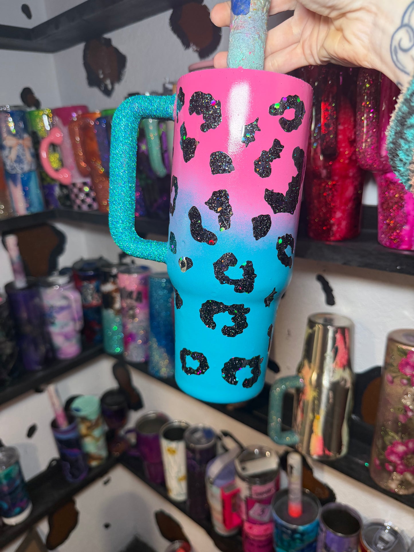 40 oz , teal pink leopard with black glitter