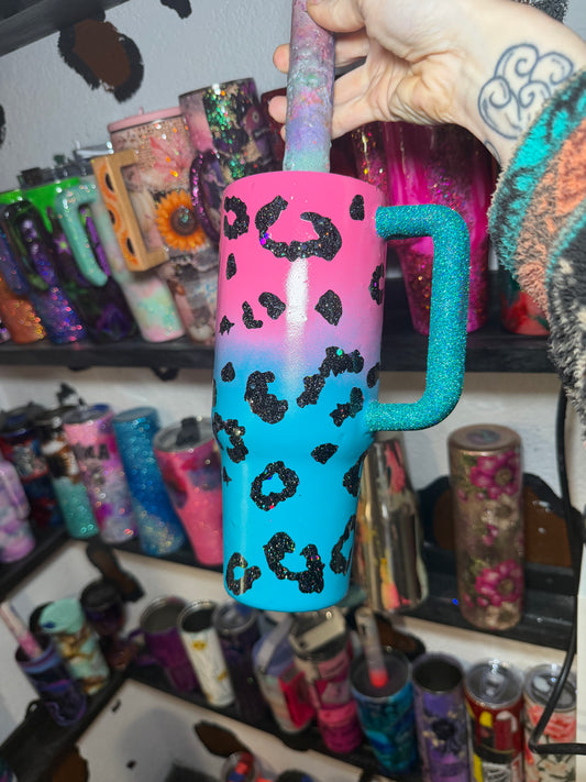 40 oz , teal pink leopard with black glitter