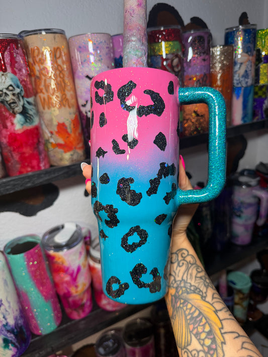 40 oz , teal pink leopard with black glitter