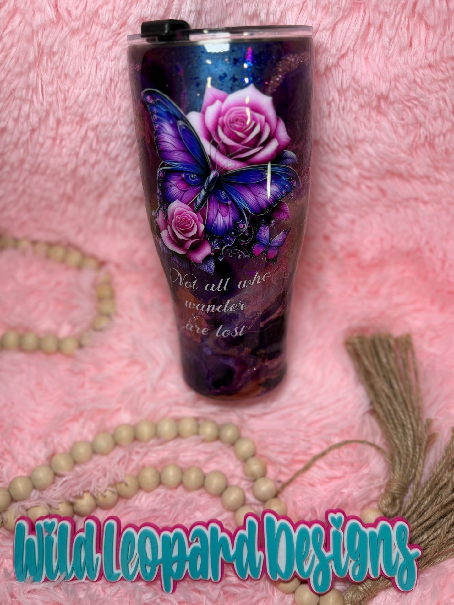 75- 32 oz coffee caddy not all who wander are lost purple pink butterfly