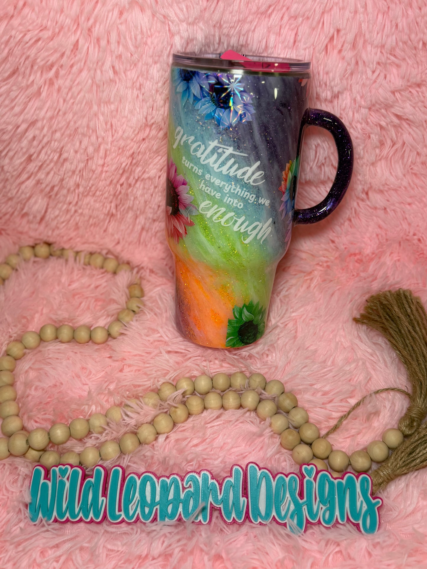 41- 24 oz travel rainbow milky way with flowers . Gratitude turns everything we have into enough