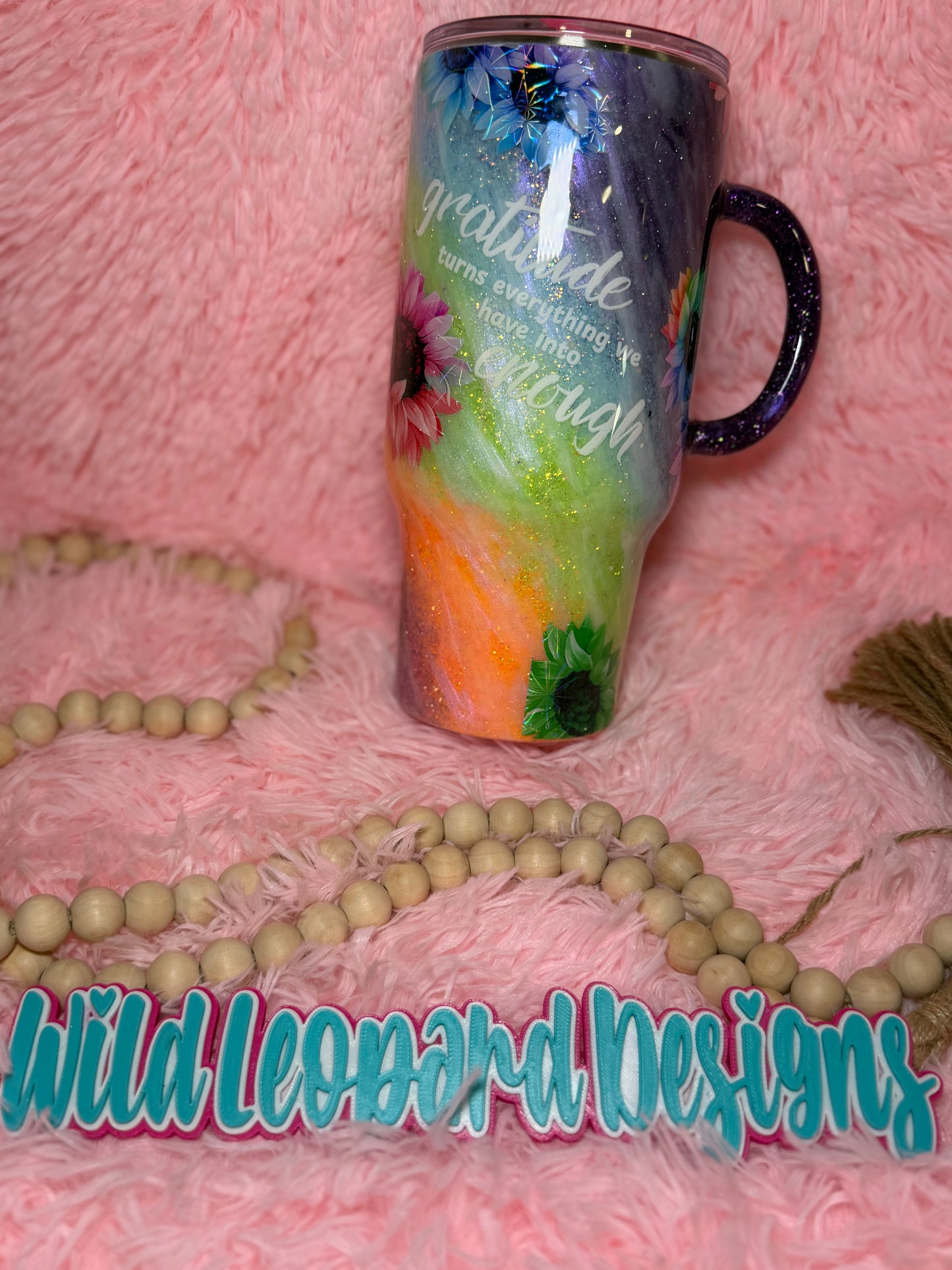 41- 24 oz travel rainbow milky way with flowers . Gratitude turns everything we have into enough